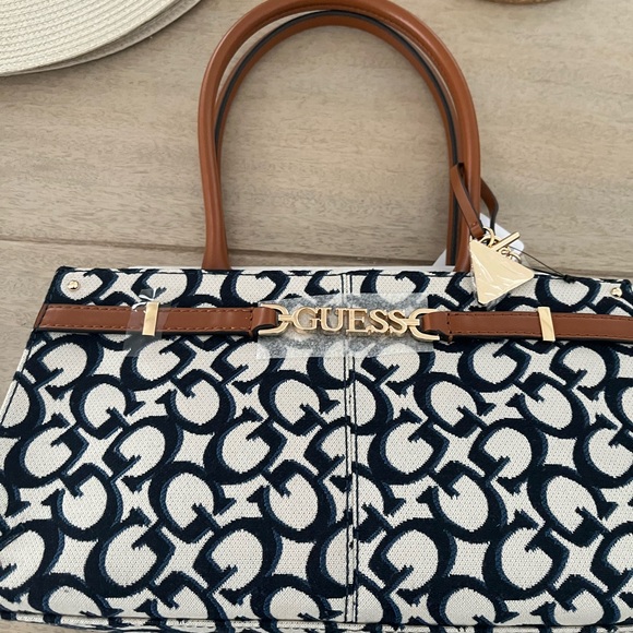 Guess Handbags - GUESS Navy and White Signature Tote with Tan Handles